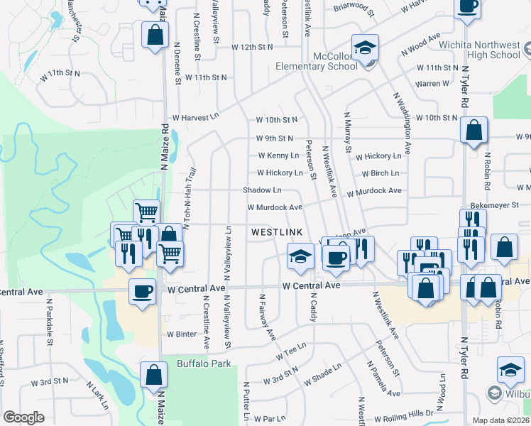 map of restaurants, bars, coffee shops, grocery stores, and more near 9826 West Murdock Street in Wichita
