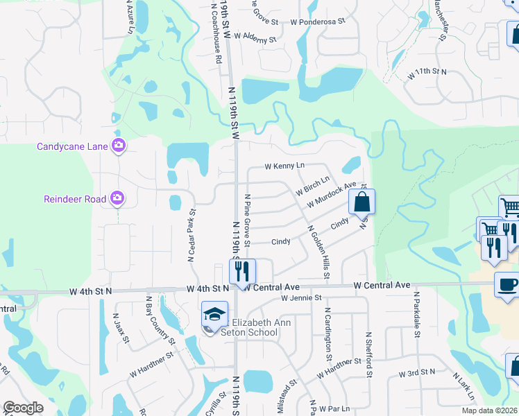 map of restaurants, bars, coffee shops, grocery stores, and more near 11802 W Birch Ln in Wichita