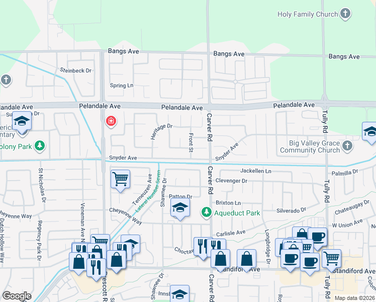 map of restaurants, bars, coffee shops, grocery stores, and more near 4009 Front Street in Modesto