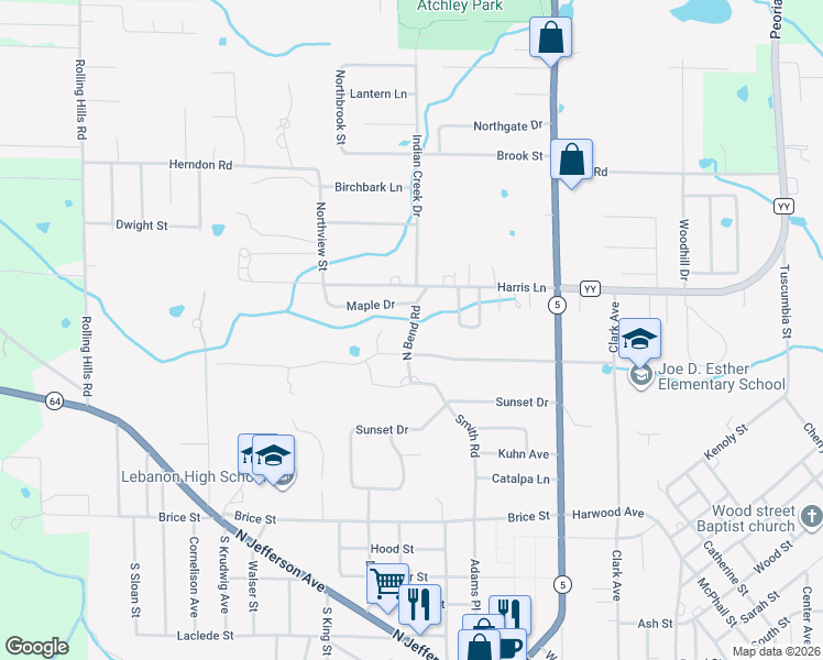 map of restaurants, bars, coffee shops, grocery stores, and more near North Bend Road in Lebanon