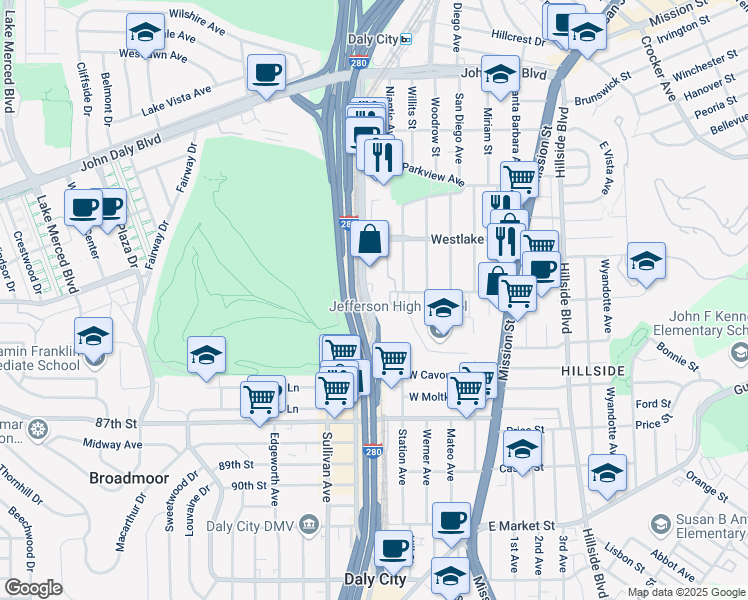 map of restaurants, bars, coffee shops, grocery stores, and more near in Daly City