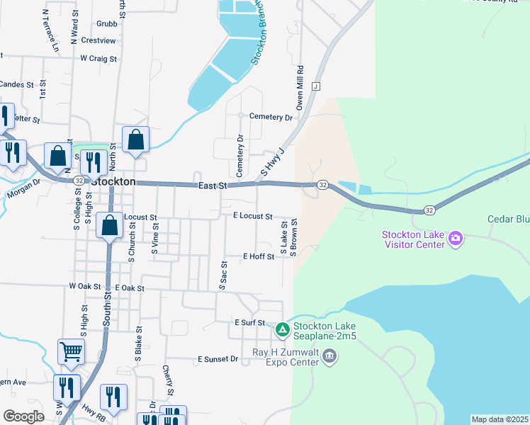map of restaurants, bars, coffee shops, grocery stores, and more near 805 East Locust Street in Stockton