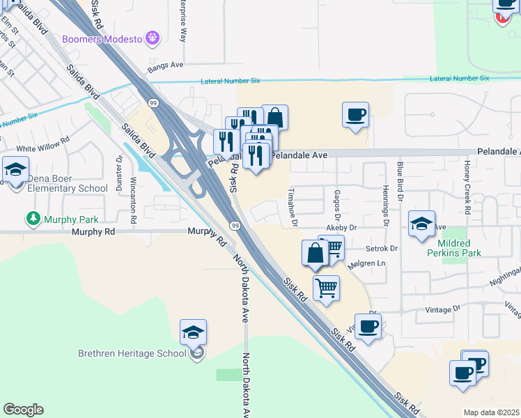 map of restaurants, bars, coffee shops, grocery stores, and more near 3928 Felton Way in Modesto