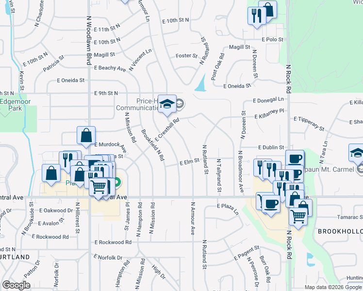 map of restaurants, bars, coffee shops, grocery stores, and more near 657-669 North Armour Street in Wichita