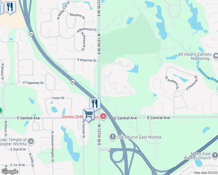 map of restaurants, bars, coffee shops, grocery stores, and more near 12810 Crest Ridge Circle in Wichita