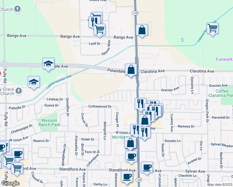 map of restaurants, bars, coffee shops, grocery stores, and more near 4125 McHenry Avenue in Modesto