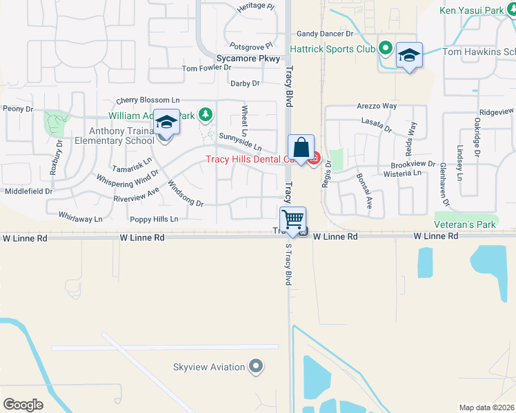 map of restaurants, bars, coffee shops, grocery stores, and more near 841 Windsong Drive in Tracy
