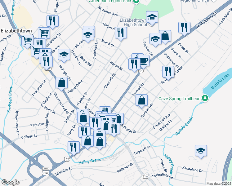 map of restaurants, bars, coffee shops, grocery stores, and more near 307 High Street in Elizabethtown