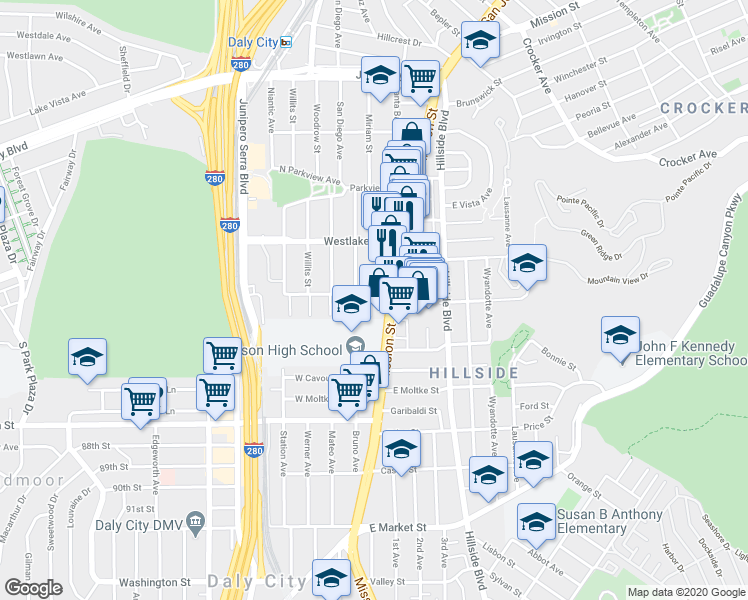 map of restaurants, bars, coffee shops, grocery stores, and more near 97 Citrus Avenue in Daly City