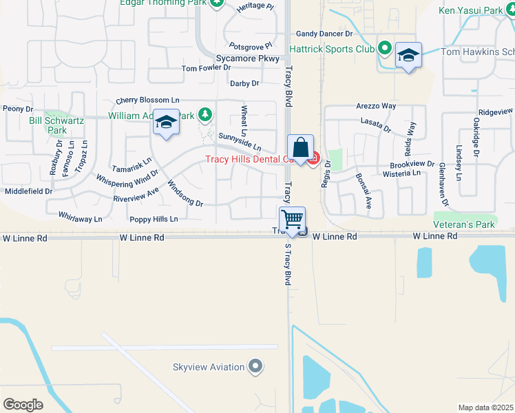 map of restaurants, bars, coffee shops, grocery stores, and more near 4693 Morning Brook Lane in Tracy