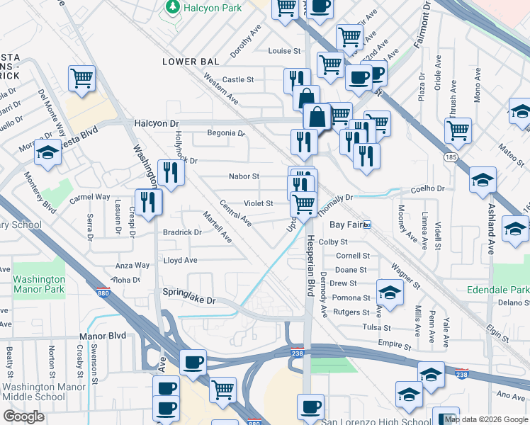 map of restaurants, bars, coffee shops, grocery stores, and more near 15229 Vera Avenue in San Leandro