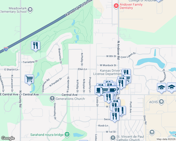 map of restaurants, bars, coffee shops, grocery stores, and more near 675 Prosperity Lane in Andover