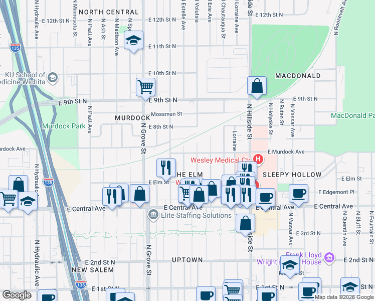 map of restaurants, bars, coffee shops, grocery stores, and more near 2621 E Orchard St in Wichita