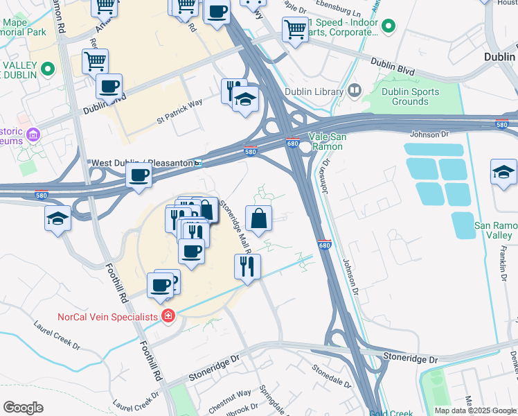 map of restaurants, bars, coffee shops, grocery stores, and more near 6150 Stoneridge Mall Road in Pleasanton