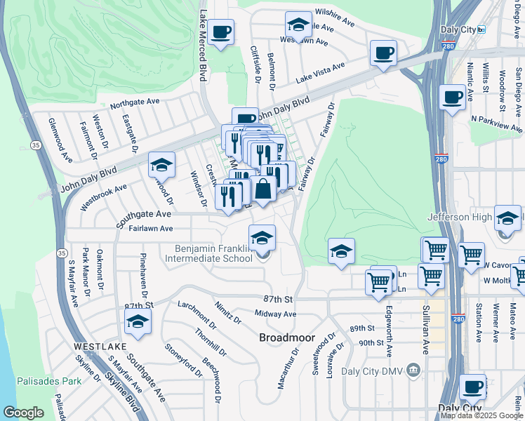 map of restaurants, bars, coffee shops, grocery stores, and more near 99 Southgate Avenue in Daly City