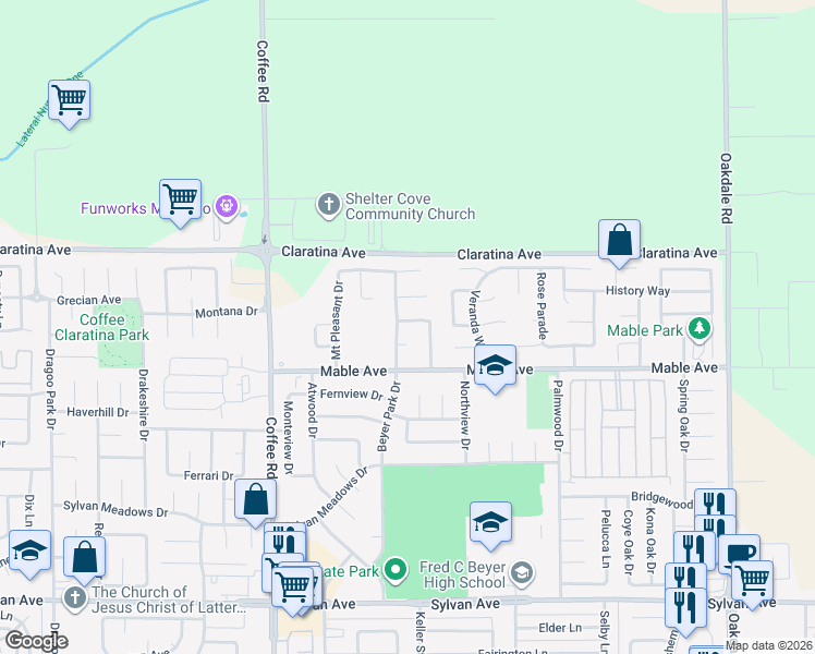 map of restaurants, bars, coffee shops, grocery stores, and more near 1513 Circa Drive in Modesto