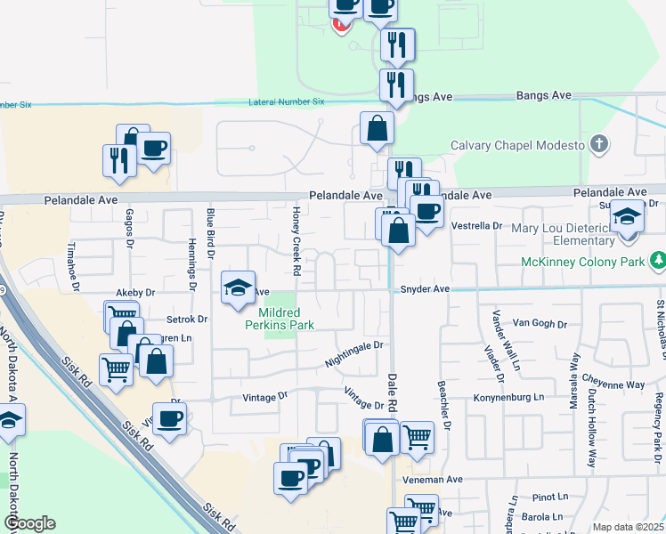 map of restaurants, bars, coffee shops, grocery stores, and more near 4028 Elmo Loop in Modesto