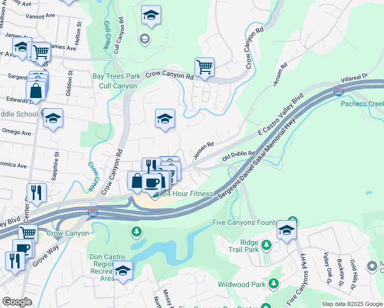 map of restaurants, bars, coffee shops, grocery stores, and more near 21600 Pheasant Woods Drive in Castro Valley