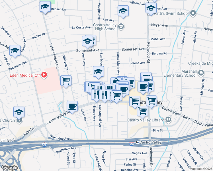 map of restaurants, bars, coffee shops, grocery stores, and more near 3324 Jeanine Way in Castro Valley