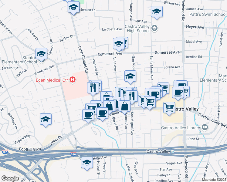 map of restaurants, bars, coffee shops, grocery stores, and more near 20257 Anita Avenue in Castro Valley