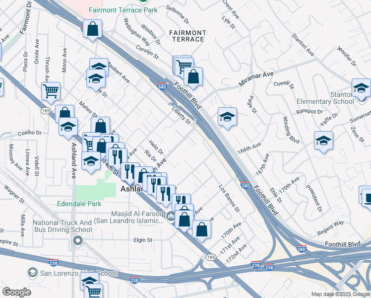 map of restaurants, bars, coffee shops, grocery stores, and more near 1626 164th Avenue in San Leandro