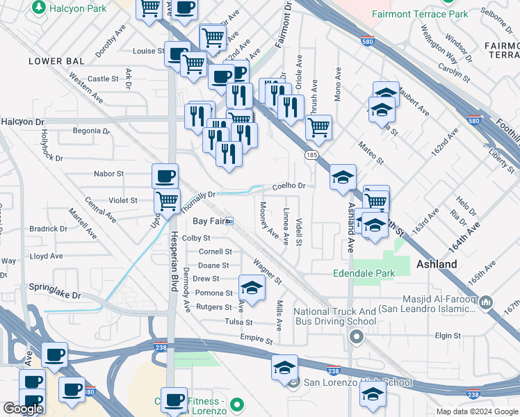 map of restaurants, bars, coffee shops, grocery stores, and more near 15757 Connolly Avenue in San Lorenzo