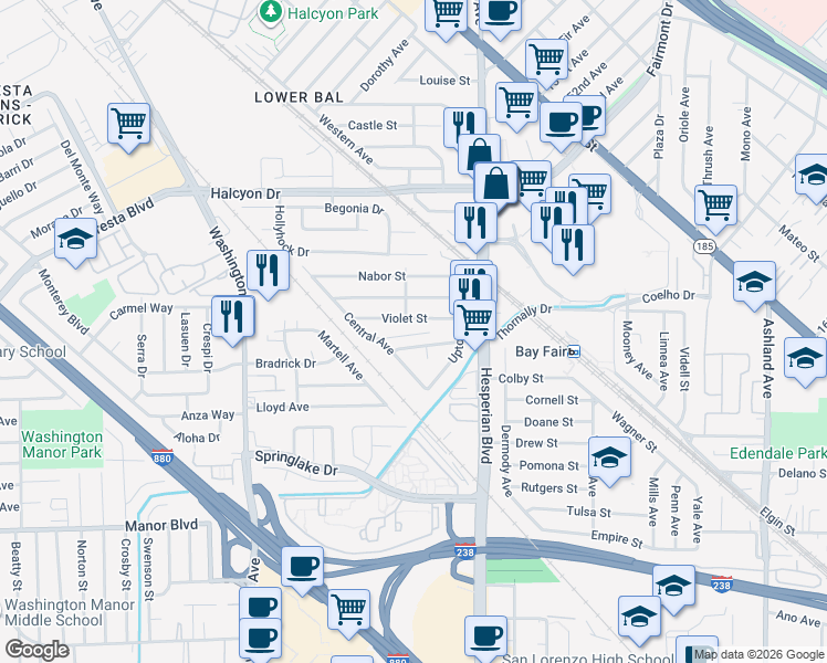 map of restaurants, bars, coffee shops, grocery stores, and more near 15229 Vera Avenue in San Leandro