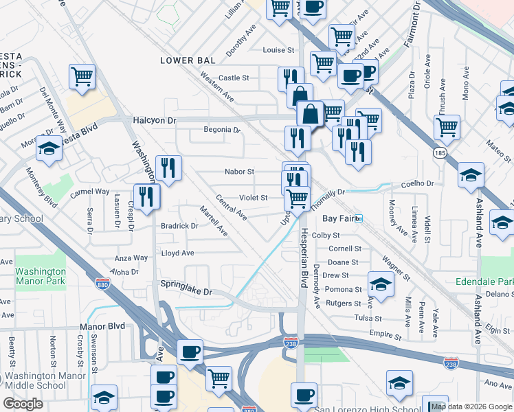 map of restaurants, bars, coffee shops, grocery stores, and more near 15229 Vera Avenue in San Leandro