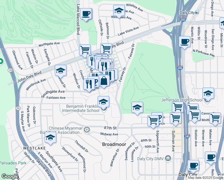 map of restaurants, bars, coffee shops, grocery stores, and more near 33 Southgate Avenue in Daly City