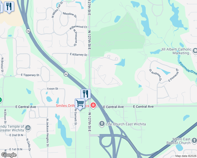 map of restaurants, bars, coffee shops, grocery stores, and more near 12810 Crest Ridge Circle in Wichita