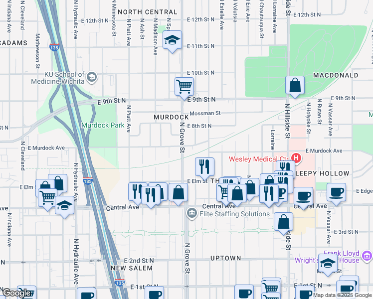 map of restaurants, bars, coffee shops, grocery stores, and more near 2404 E Murdock St in Wichita