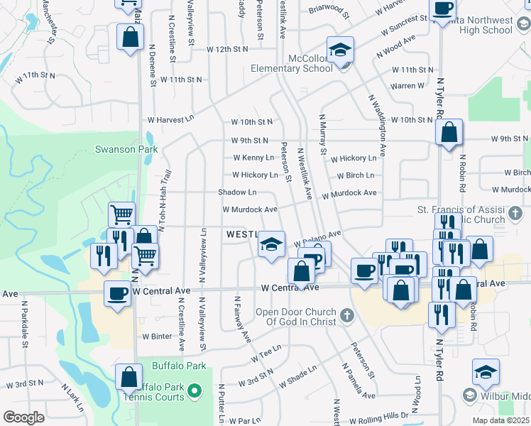 map of restaurants, bars, coffee shops, grocery stores, and more near 9710 West Murdock Street in Wichita