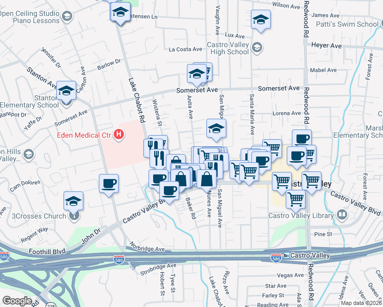 map of restaurants, bars, coffee shops, grocery stores, and more near 20293 Anita Avenue in Castro Valley