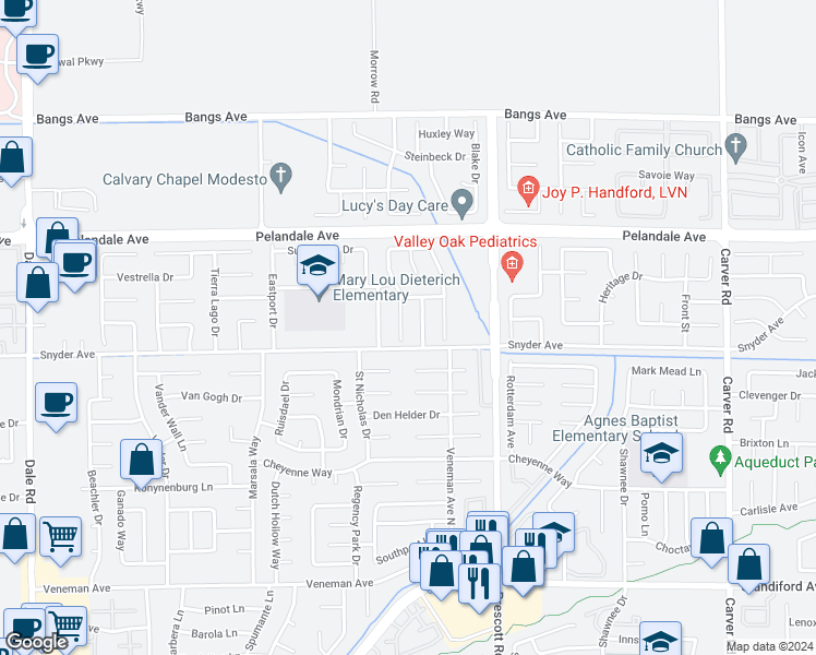 map of restaurants, bars, coffee shops, grocery stores, and more near 4012 Calais Court in Modesto