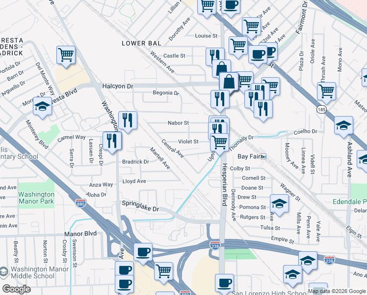 map of restaurants, bars, coffee shops, grocery stores, and more near 419 Central Court in San Leandro