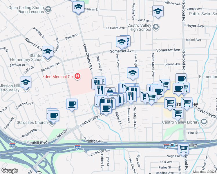 map of restaurants, bars, coffee shops, grocery stores, and more near 2796 Ganic Street in Castro Valley
