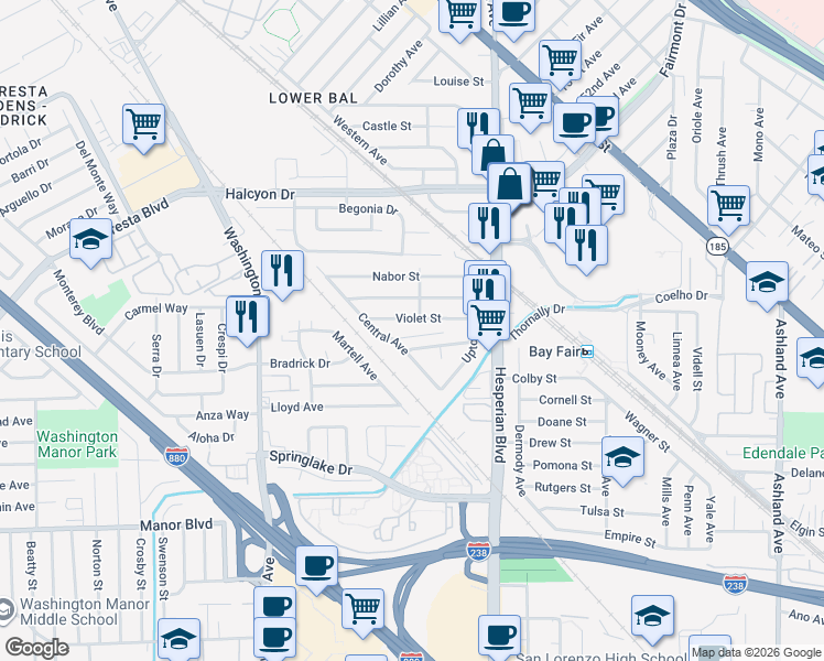 map of restaurants, bars, coffee shops, grocery stores, and more near 423 Central Court in San Leandro