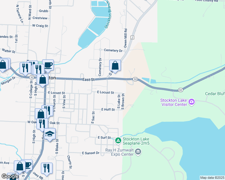 map of restaurants, bars, coffee shops, grocery stores, and more near 805 East Locust Street in Stockton