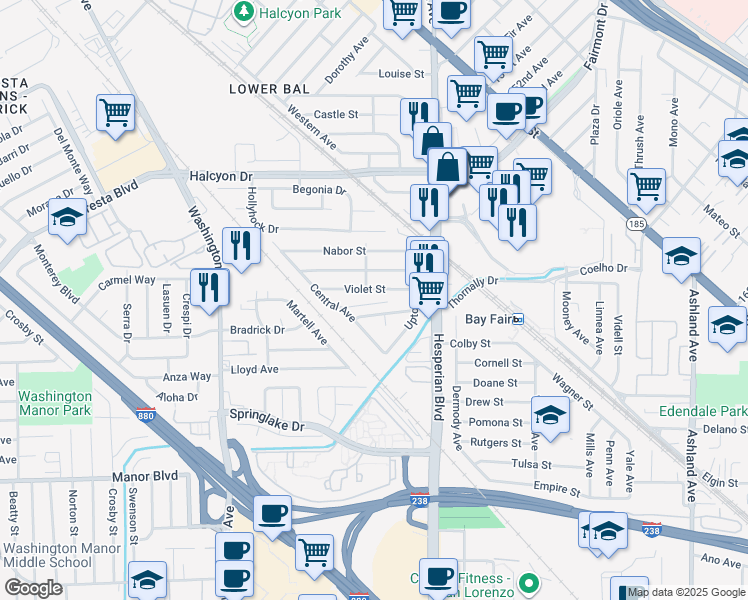 map of restaurants, bars, coffee shops, grocery stores, and more near 439 Central Court in San Leandro
