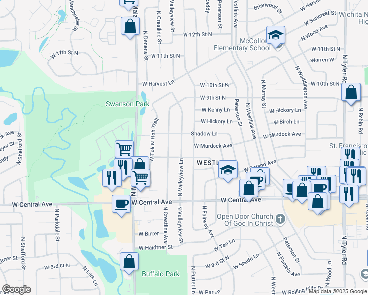 map of restaurants, bars, coffee shops, grocery stores, and more near 846 North Valleyview Street in Wichita