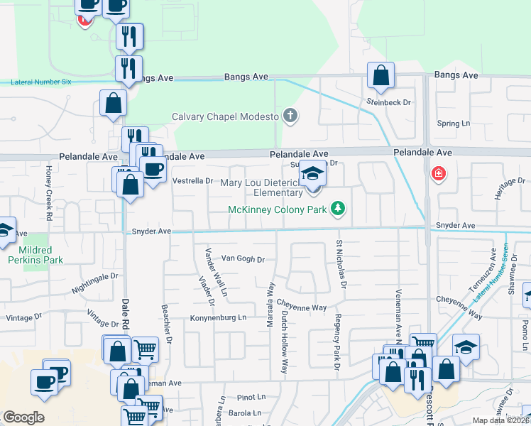 map of restaurants, bars, coffee shops, grocery stores, and more near 4037 Corte Bella in Modesto