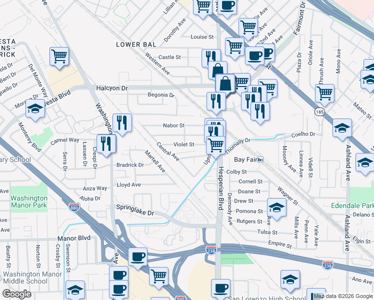 map of restaurants, bars, coffee shops, grocery stores, and more near 15229 Vera Avenue in San Leandro