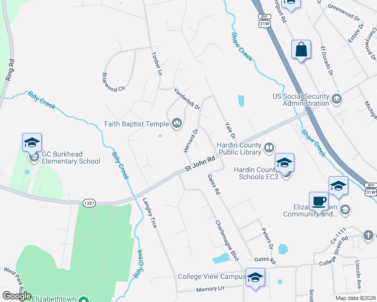 map of restaurants, bars, coffee shops, grocery stores, and more near 605 Clemson Court in Elizabethtown