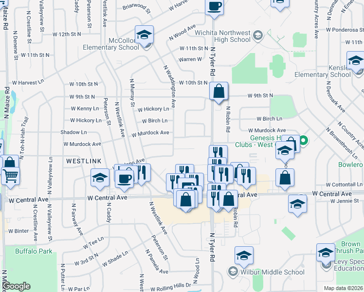 map of restaurants, bars, coffee shops, grocery stores, and more near 802 North Waddington Avenue in Wichita