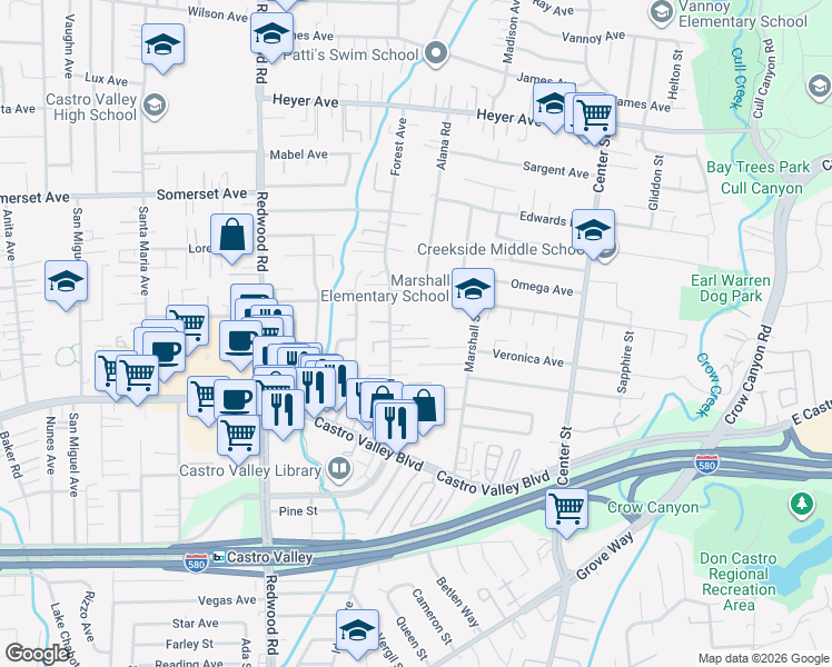 map of restaurants, bars, coffee shops, grocery stores, and more near 20324 Forest Avenue in Castro Valley