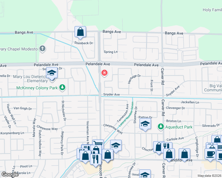 map of restaurants, bars, coffee shops, grocery stores, and more near 2017 Dayton Avenue in Modesto