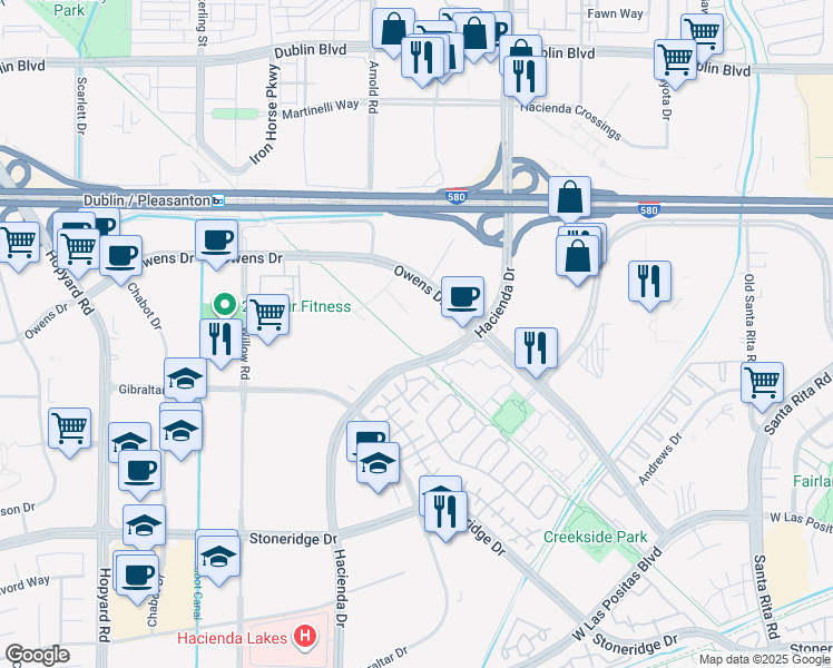 map of restaurants, bars, coffee shops, grocery stores, and more near 5810 Owens Drive in Pleasanton