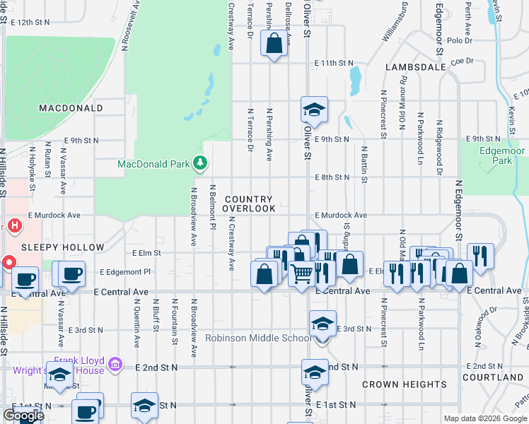 map of restaurants, bars, coffee shops, grocery stores, and more near 810 North Pershing Street in Wichita