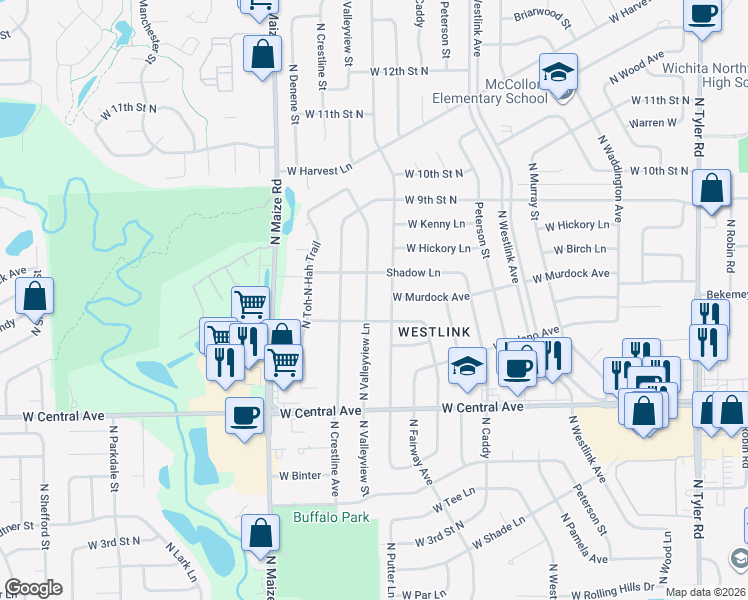 map of restaurants, bars, coffee shops, grocery stores, and more near 901 North Chipper Lane in Wichita