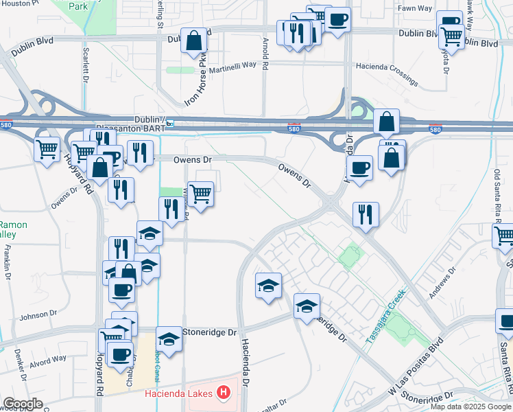 map of restaurants, bars, coffee shops, grocery stores, and more near 4460 Hacienda Drive in Pleasanton